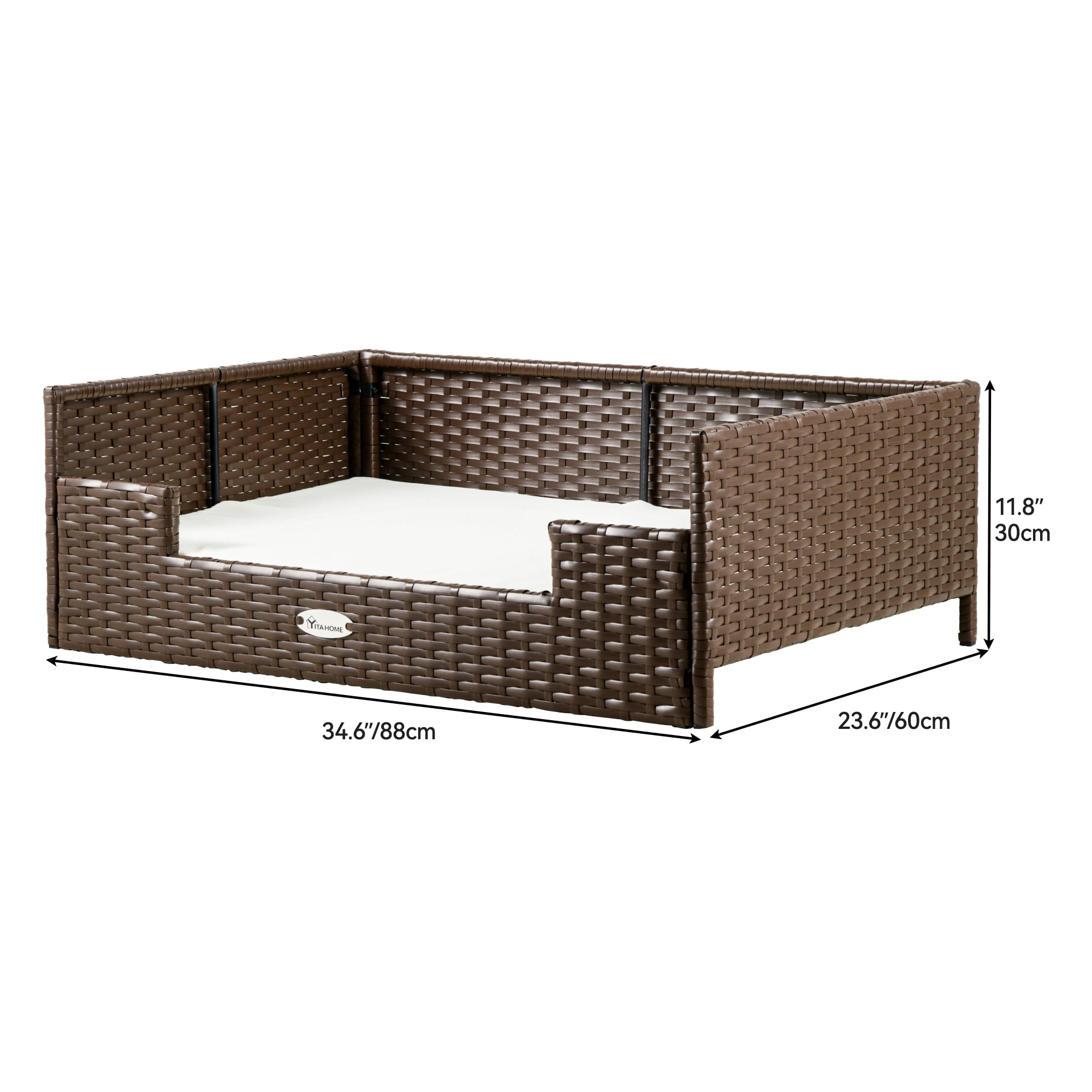 Dextrus Rattan Dog Bed for Large Medium Dogs and Cats, 34.6''Lx23.6''Wx11.8''H Indoor Outdoor Pet Bed with Beige Cushion