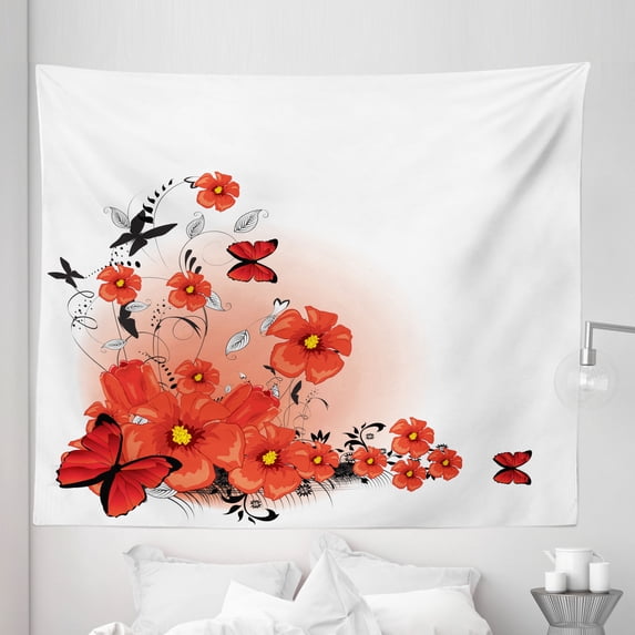 Flower Tapestry, Floral Background with Butterflies Spring Season Hope Inspiration Theme, Fabric Wall Hanging Decor for Bedroom Living Room Dorm, 5 Sizes, Red White Black, by Ambesonne