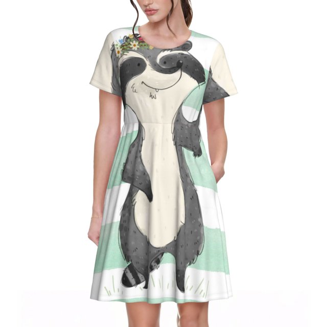 Easygdp Cute Raccoon para Vestido Transpirable de Mujer, Vestido Suelto de Manga Corta con Pliegues y Bolsillos para el Verano