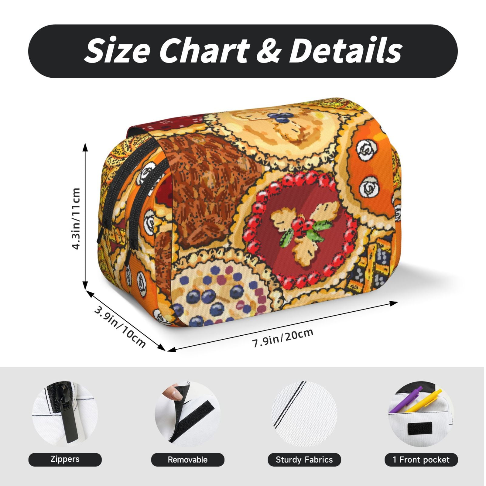 Rateoe Pies Pattern Double Clamshell Pen Case, Storage Organizer with Two Zipper Compartments– Holds Up to 50 Pencils & Pens
