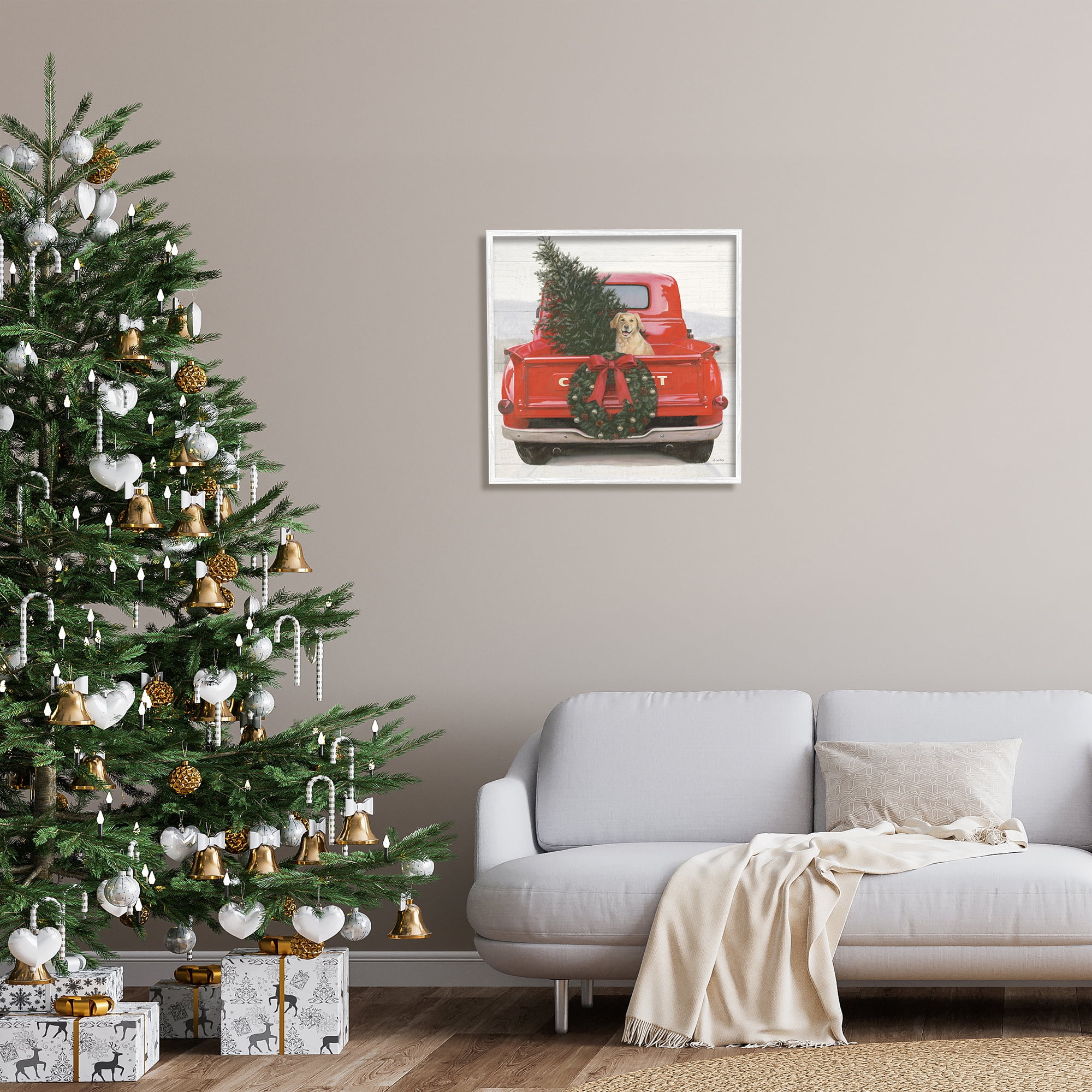 Stupell Industries Festive Dog in Truck Holiday Painting White Framed Art Print Wall Art, 24 x 24