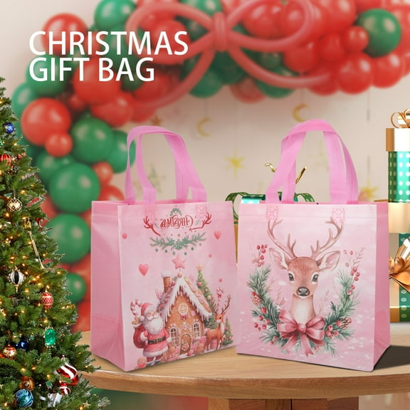 40pcs Christmas-themed gift bags, pink non-woven waterproof party gift bags, printed with Santa Claus and fawn patterns, suitable for wedding, carnival night, Thanksgiving