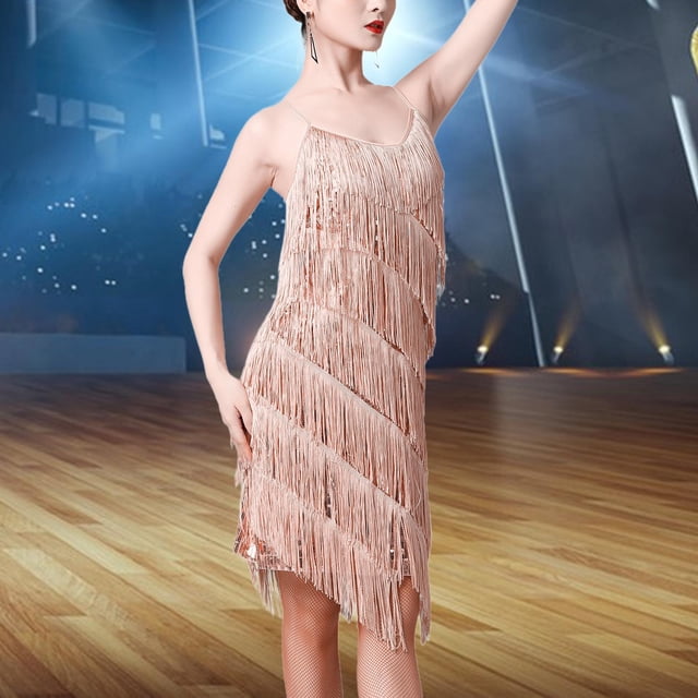 Vestido de baile latino para mujer, vestido Flapper con flecos y borlas de lentejuelas, Tango para niñas y mujeres , Dorado champagne, 3XL