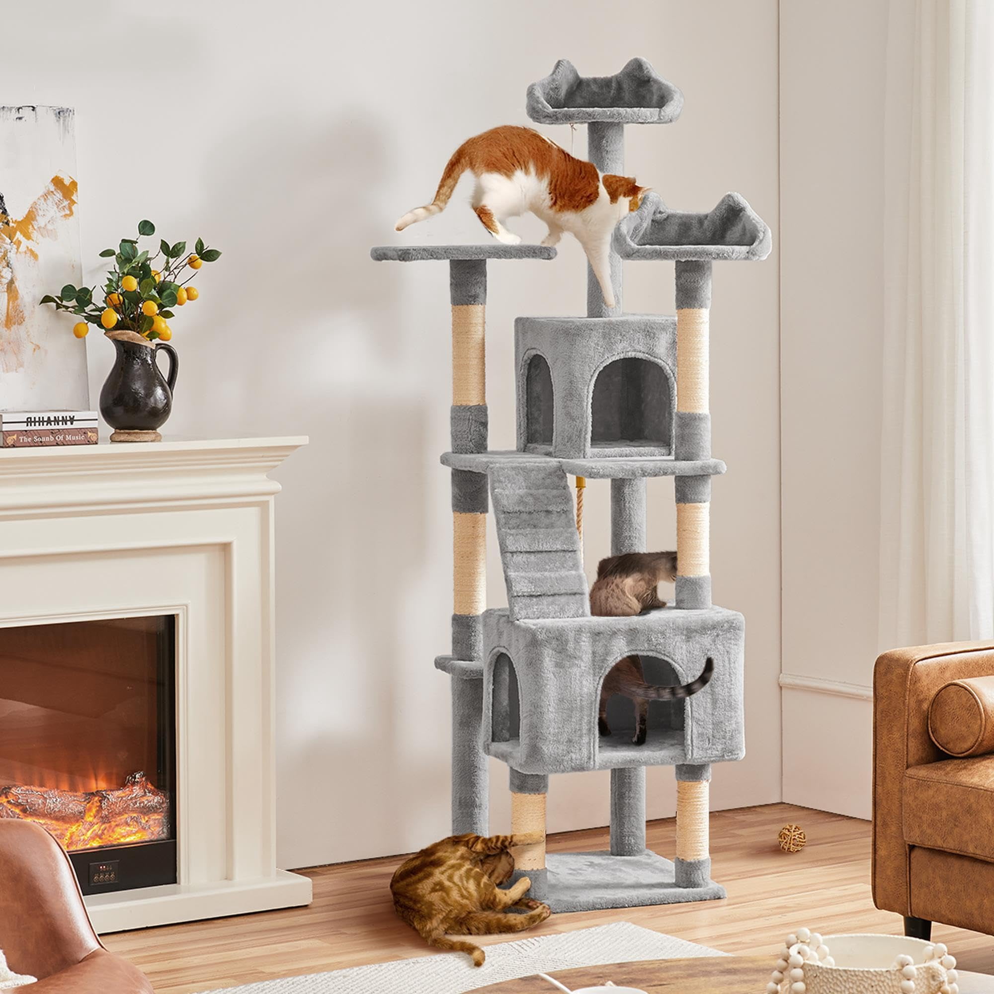 XL Cat Tree Tower with 2 Cozy Caves, 3 Perches, Scratching Posts, Board, Dangling Ball, Multi-Level Playhouse for Kittens and Adult Cats, Light Gray
