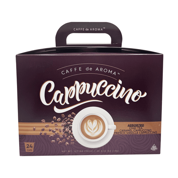 Caffe de Aroma Cappuccino Sampler, 24 Single-Serve Cups – 3 Flavors, 8 Cups Each: Vanilla Chai Tea, Caramel Cappuccino & French Vanilla – Compatible with Keurig K-Cup Brewers