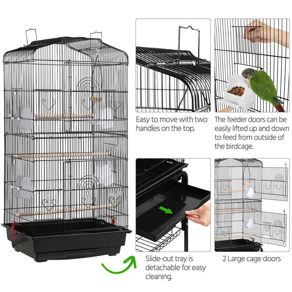 Yaheetech 64"H Open Top Metal Bird Cage Rolling Parrot Cage w/ Double Doors  for Budgie Parrot Canary Cockatiel, Black