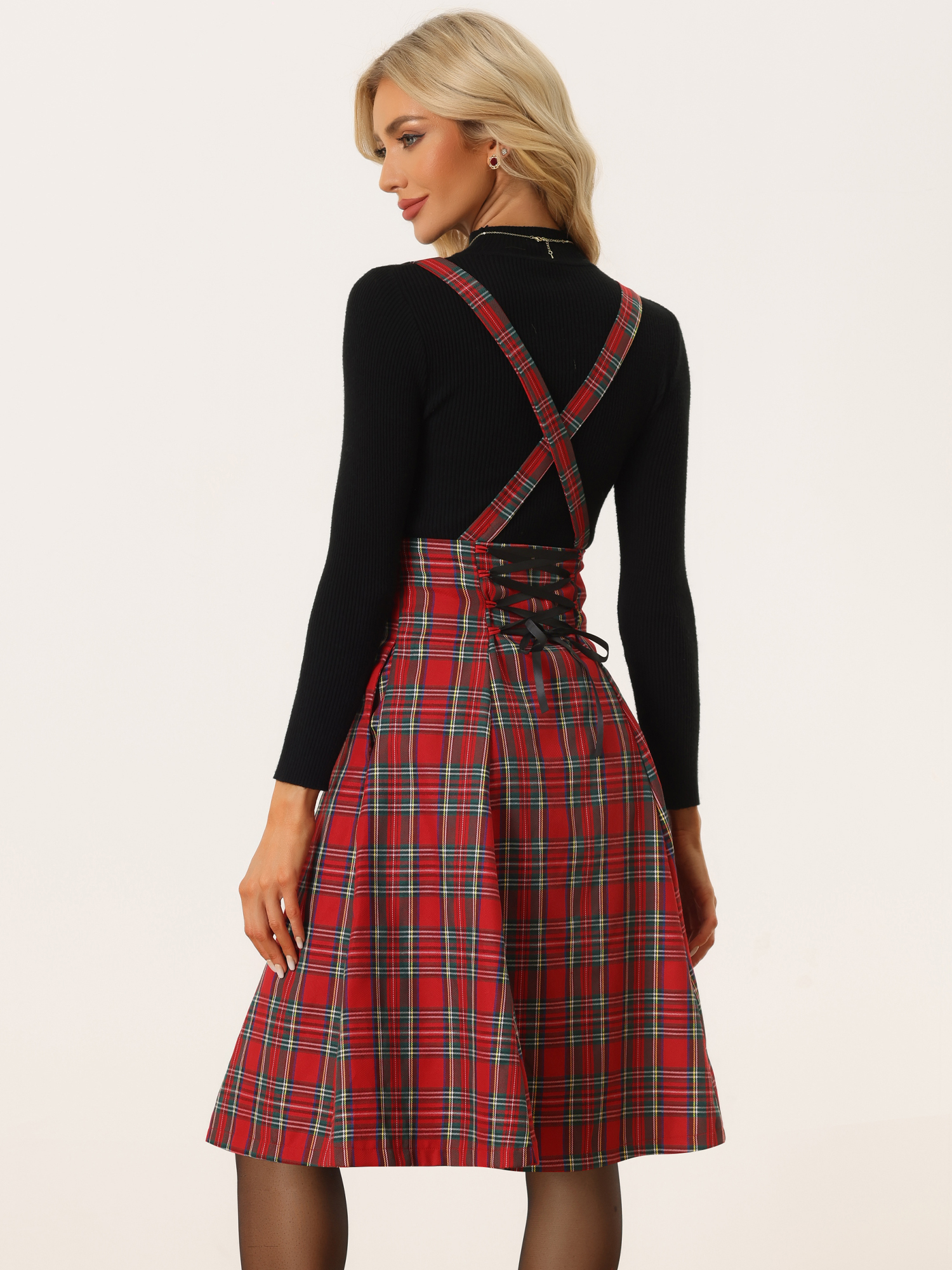 DARING DIVA Women's Tartan Pinafore Overall Plaid Suspender Skirt M Red