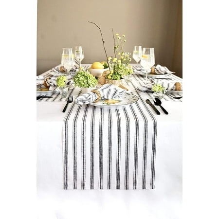 

Linen Table Runner 14 x 72 Inch – Black and White 100% Pure Linen Table Runner for Halloween Thanksgiving Christmas Holiday – Capri Ticking Stripe Handcrafted from European Flax
