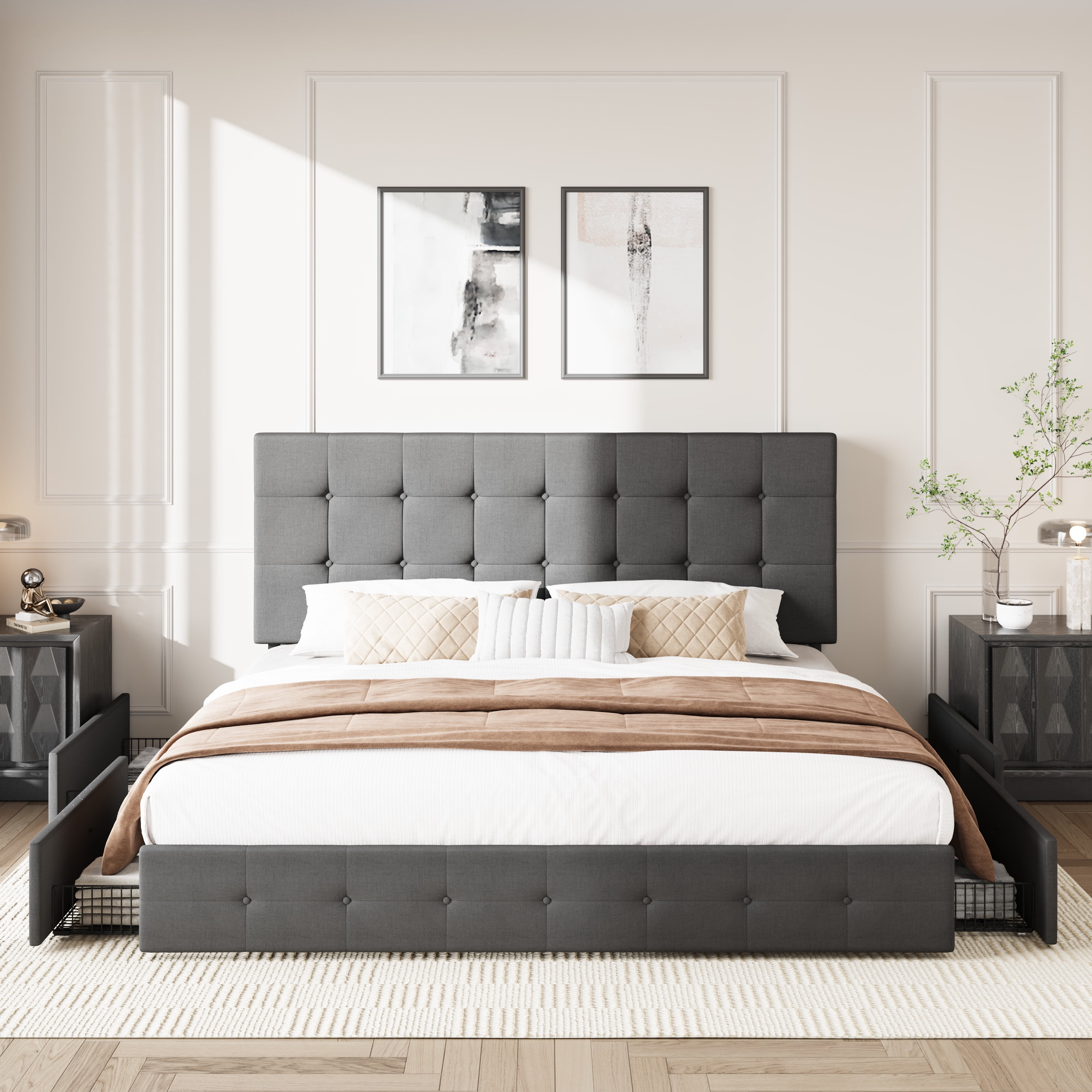 Amolife King Size Platform Bed Frame with Square-stitched Headboard and 4 Drawers, Dark Gray