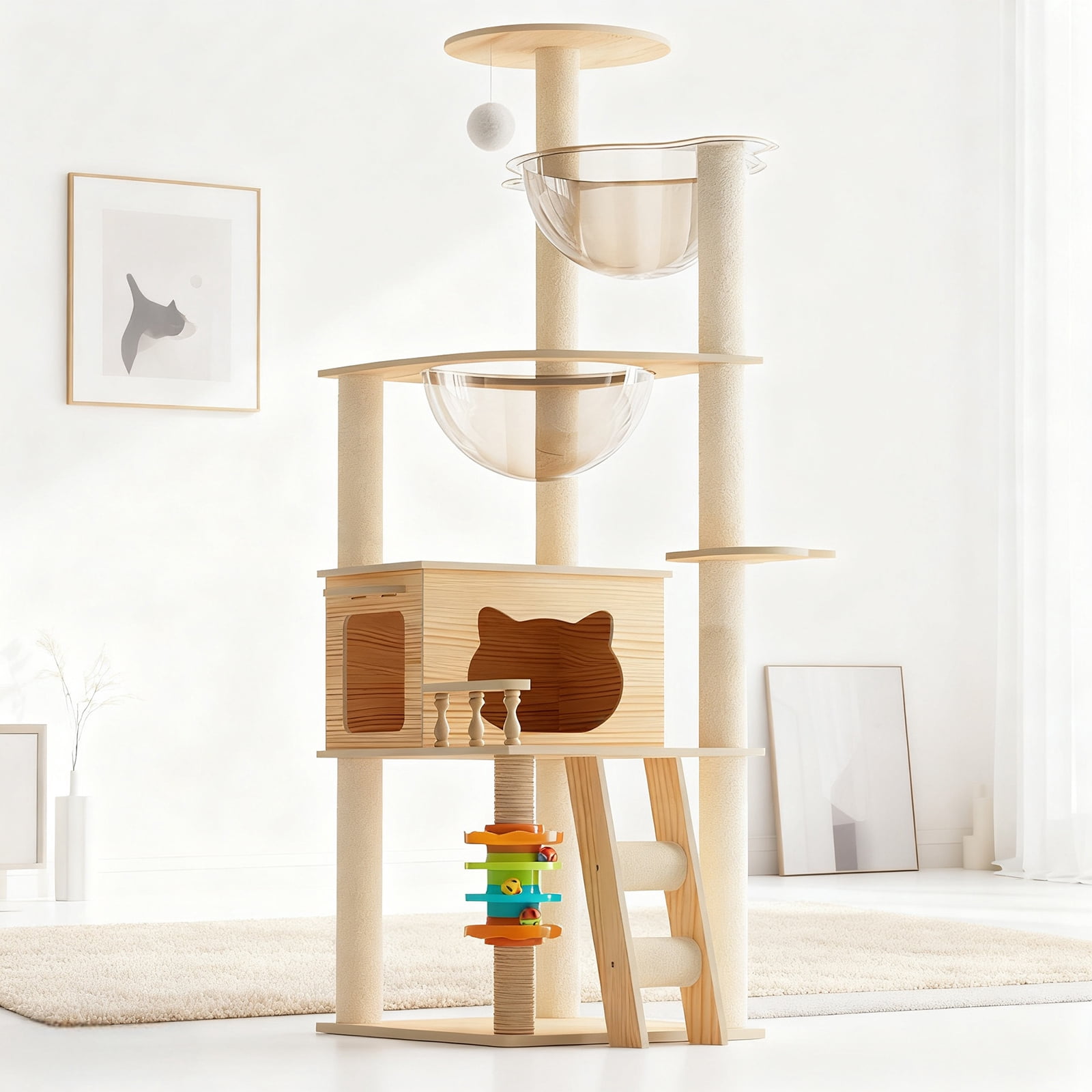 59" Modern Cat Tower, Wood Cat Tree Tower for Indoor Cats, Cat Treewith Sisal-Covered Scratching Posts and Top Perch, Cat Condo with Acrylic Hammock for Small Large Cats&nbsp;