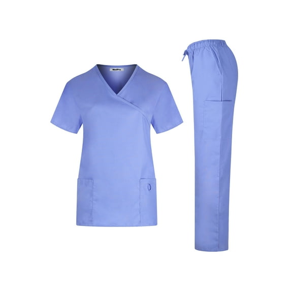 Minty Mint, Women's, Solid Medical Scrub Set Mock Wrap Top and Cargo Pants, Ceil Blue, 3XL