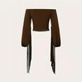 thumbnail image 3 of MORTTIC Women's Solid Color Western Off Shoulder Top with Long Fringe Sleeves Spring Summer Short Top Brown，XL, 3 of 4