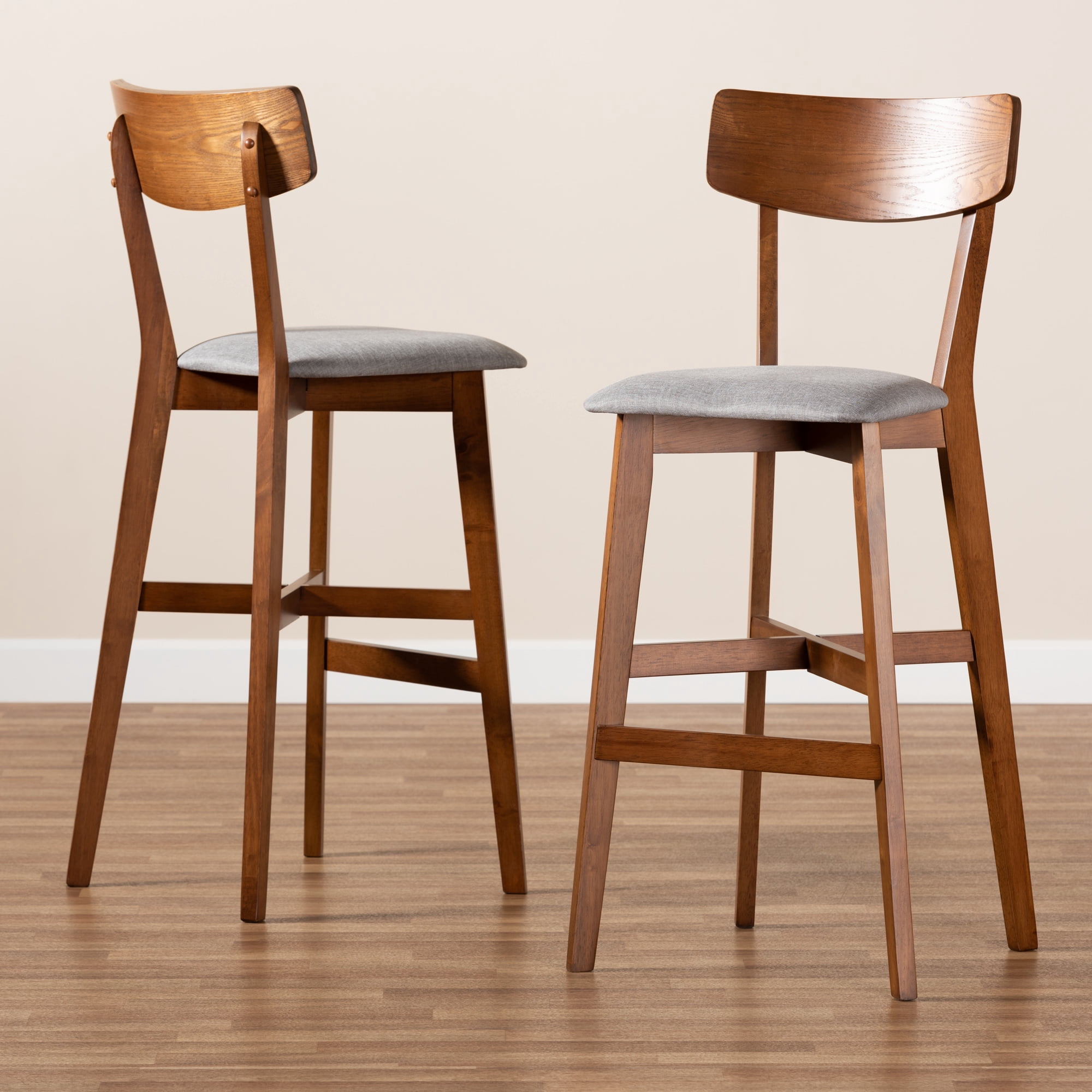 Baxton Studio Cameron Modern Grey Fabric Upholstered Bar Stool, Walnut Brown (Set of 2)