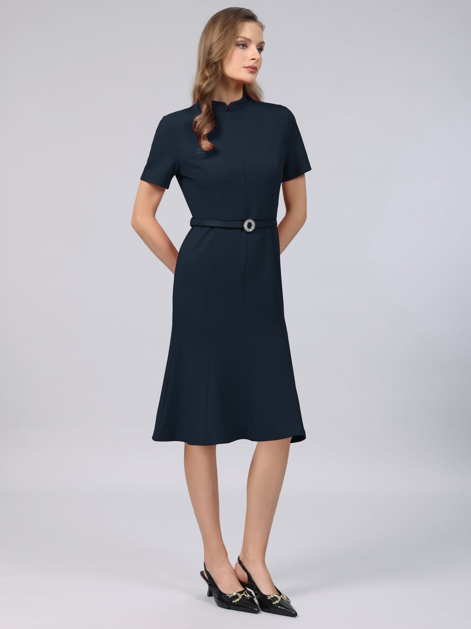 DARING DIVA Women's Vintage Mock Neck Short Sleeve Fishtail Dress M Navy Blue
