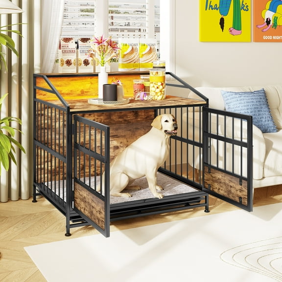 Izzovium Multi-Function Furniture Style Dog Crate with Storage, Large Wooden Dog Kennel with Double Doors & RGB LED Lights, 31.5"L x 19.69"W x 29.92"H for Large/Medium Dogs, Black Brown
