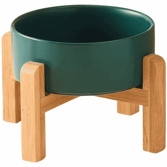 Ceramic Elevated Raised Cat Bowl with Wood Stand No Spill Pet Food Water Feeder Cats Small Dogs （Green,S）
