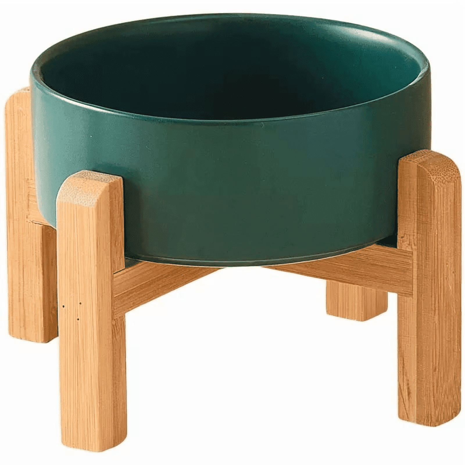 Ceramic Elevated Raised Cat Bowl with Wood Stand No Spill Pet Food Water Feeder Cats Small Dogs （Green,S）