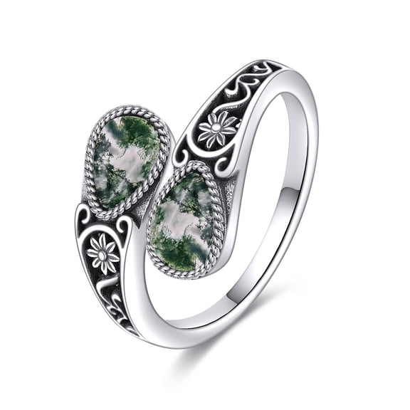 MYSTICPOEM Sterling Silver Moss Agate Filigree Spoon Ring Vintage Thumb Rings Boho Adjustable Open Ring Statement Jewelry Gifts for Women