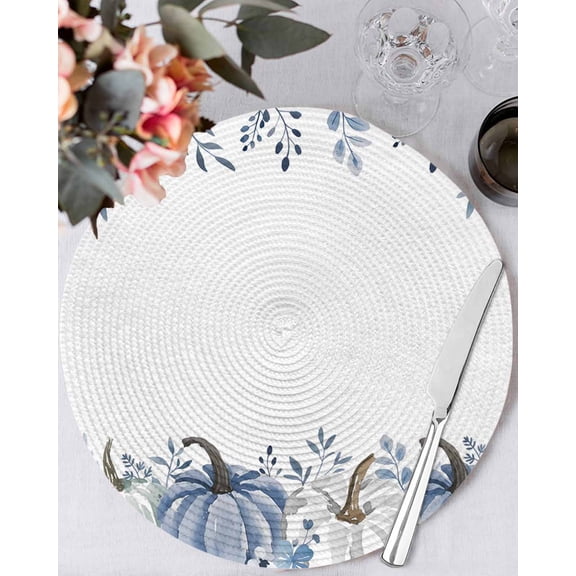 15 Inch Round Placemats Set of 6, Thanksgiving Fall Non Slip Heat Insulation PP Table Mats, Autumn Blue White Pumpkin Leaves Washable Place Mats for Kitchen Dining Party Table Decor