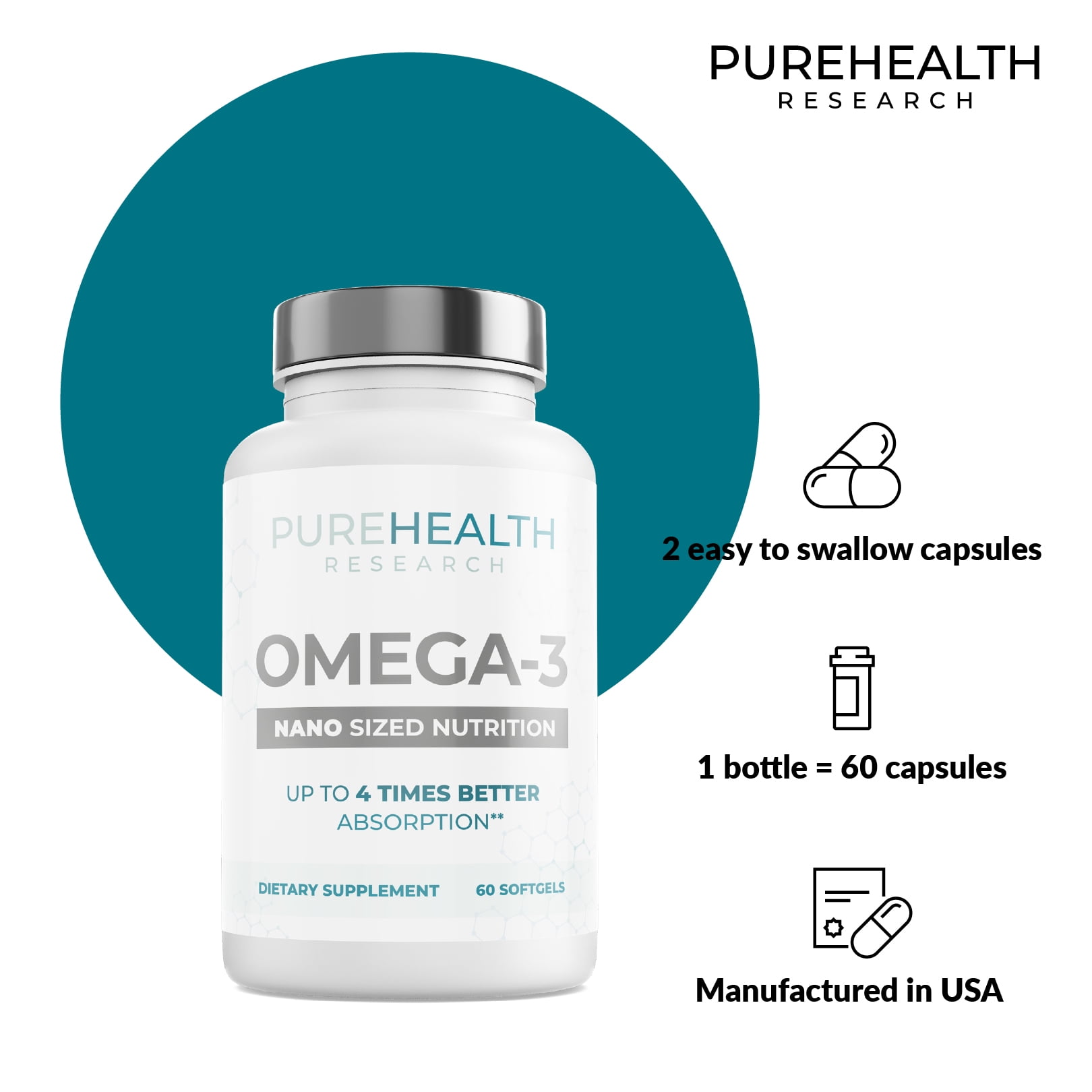 Nano Omega 3 - Higher Absorption Omega 3 Fish Oil, EPA, DHA, Astaxanthin,  Promotes Heart & Brain Health by PureHealth Research - Walmart.com