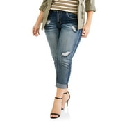 Juniors' Plus Cuffed Medium Wash With Tint Cropped Boyfriend Jeans With Destruction