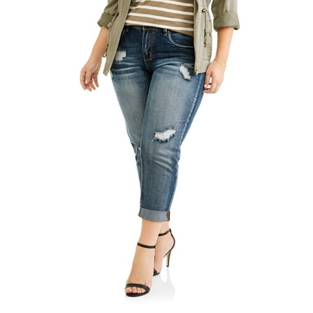 Juniors' Plus Cuffed Medium Wash With Tint Cropped Boyfriend Jeans With Destruction