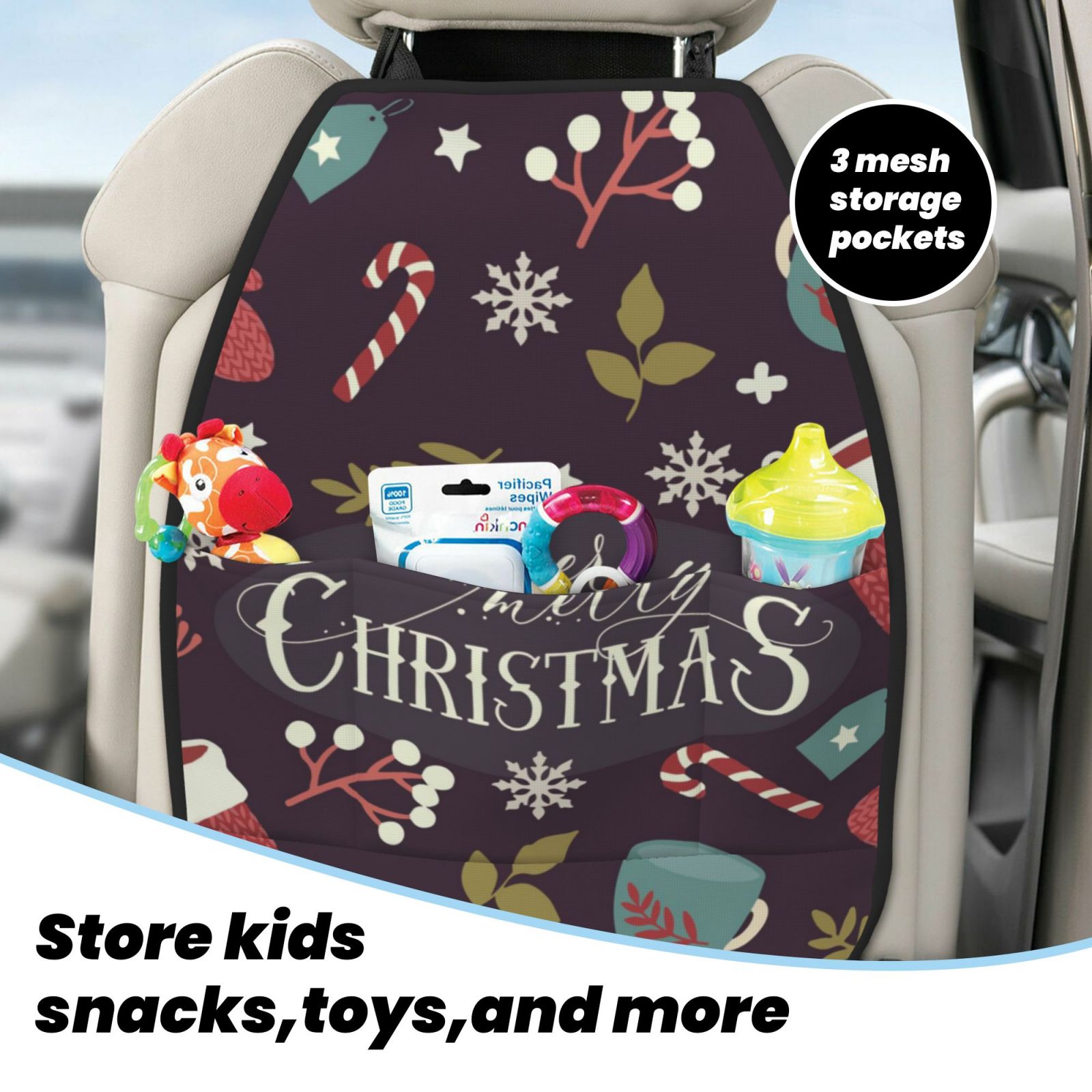 Xecao Merry Christmas Pattern Car Seat Back Protector 2 Pack Large Capacity Pocket, Kick Mats Back Seat Protector