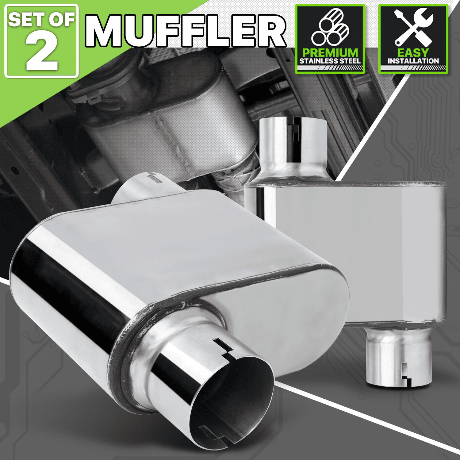 Magshion 2.25 Inch Inlet/Outlet 1 Pair Chambered Exhaust Muffler Straight-Through Stainless Steel Round Tip, Chrome