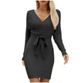 thumbnail image 2 of Offres de Liquidation d'Automne! Robes de Bal pour Femmes 2024, Robe Décontractée Aguichant Mode Col en V Tricotée Sac Hanche Couleur Unie Manches Longues Noir G, 2 of 7