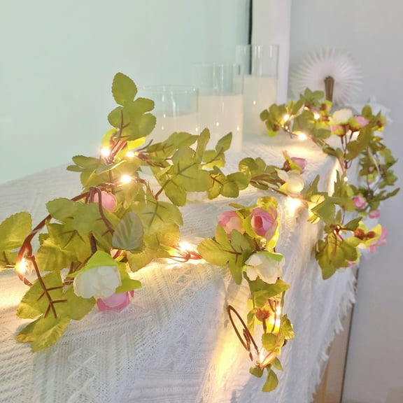 Artificial Rose Flower Vine with Fairy Light,Battery Powered Rose Vine Garland Light for Valentines Christmas Party Decoration
