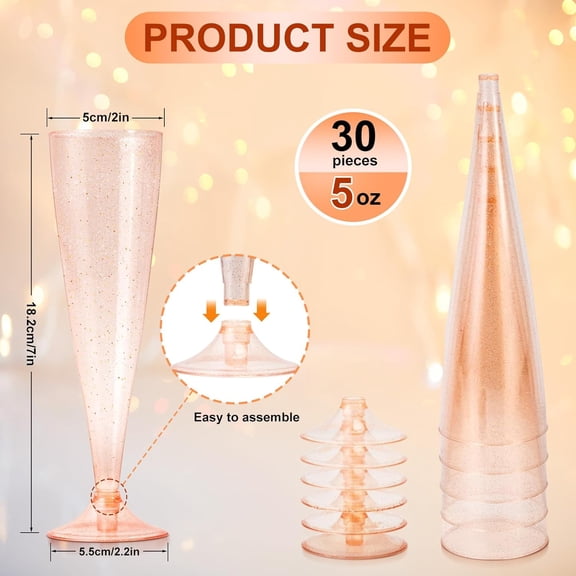 FJSHN-30 Pack Champagne Flutes, 5 OZ Rose Gold Glitter Plastic Glasses, Disposable Toasting Glasses for Parties, Mimosa Bar, Events, Wedding and Party Supplies