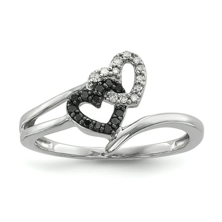 925 Sterling Silver Black White Diamond Double Heart Ring Love