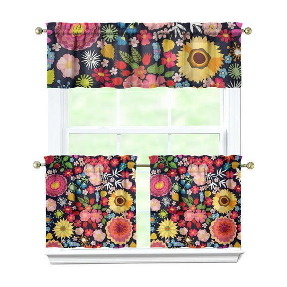 Bohemian Wildflower Curtains 24" Short - 3 Panel Rustic Farmhouse Set with Vintage Botanical Design, Rod Pocket