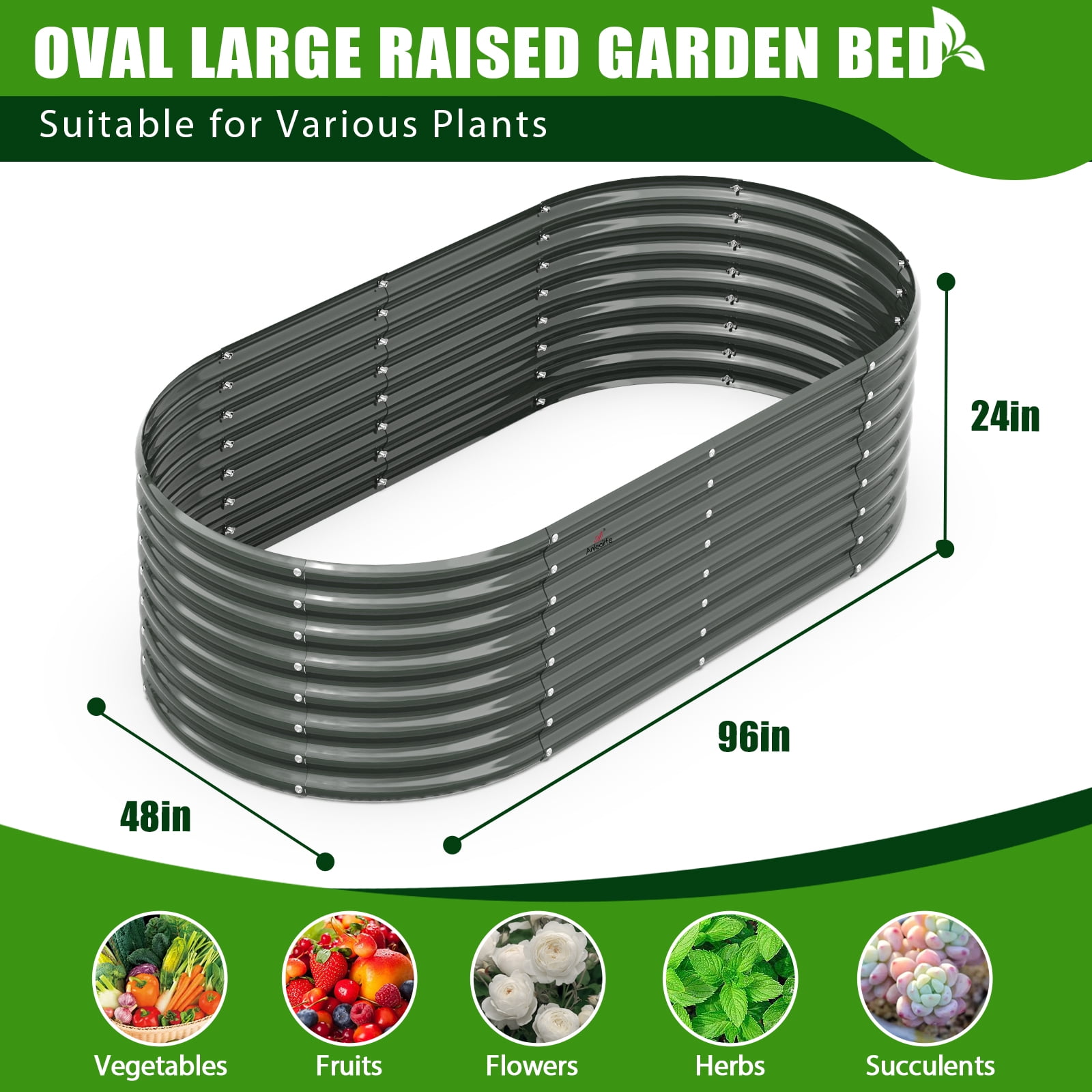 Set of 6: 8x4x2ft Oval Modular Metal Raised Garden Beds (Grey)