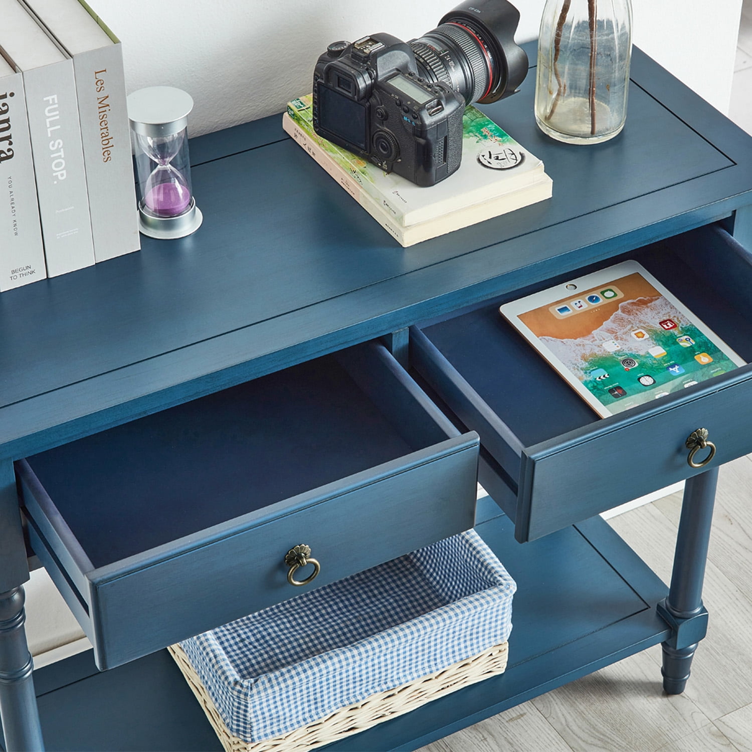 BSHTI Console Table with Drawers, Modern Wooden Entryway Table with Storage Shelf for Living Room, Blue