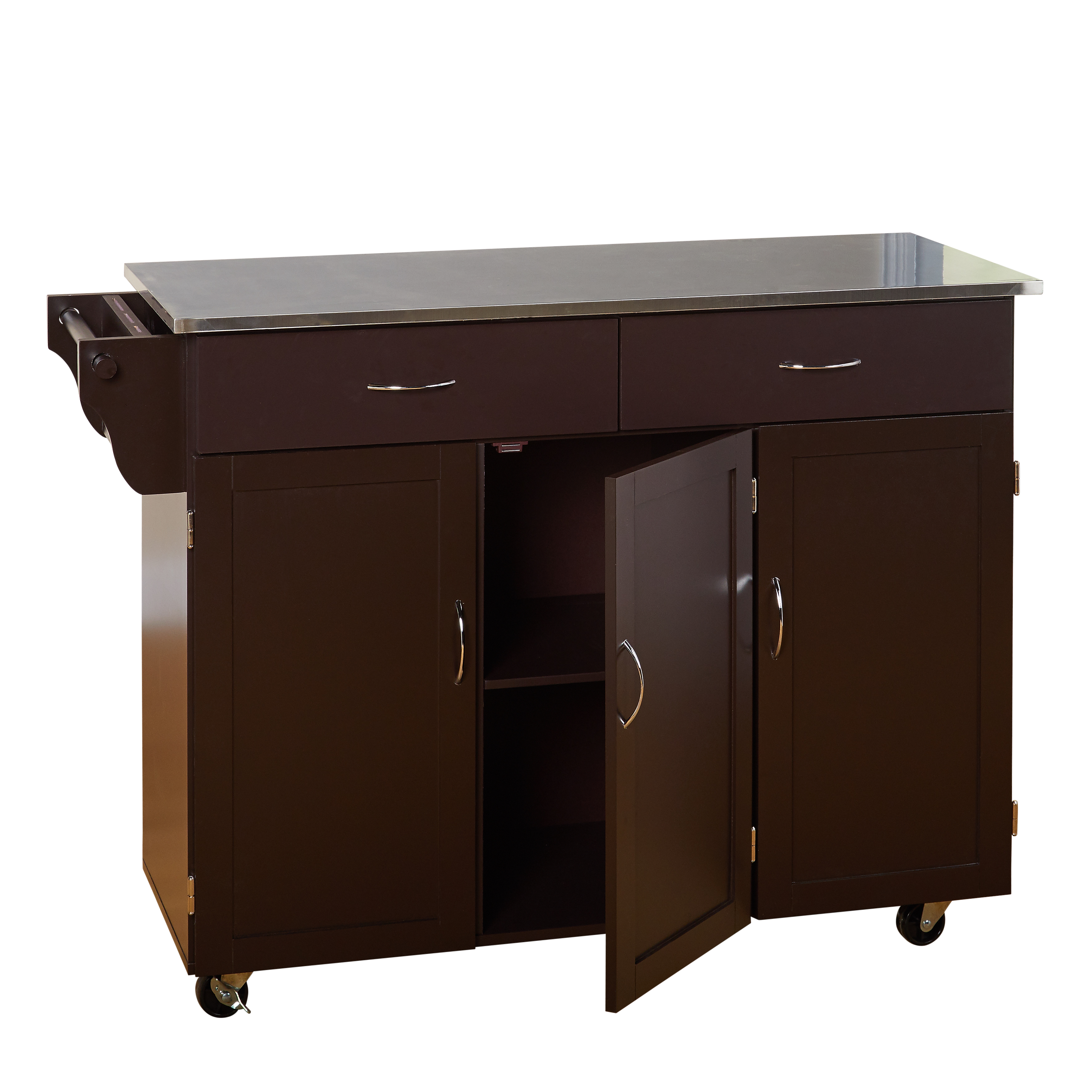 TMS Extra Large Rolling Kitchen Cart with Stainless Steel Top, Cabinets, Drawers, Adjustable Shelf, and Knife Block, Espresso