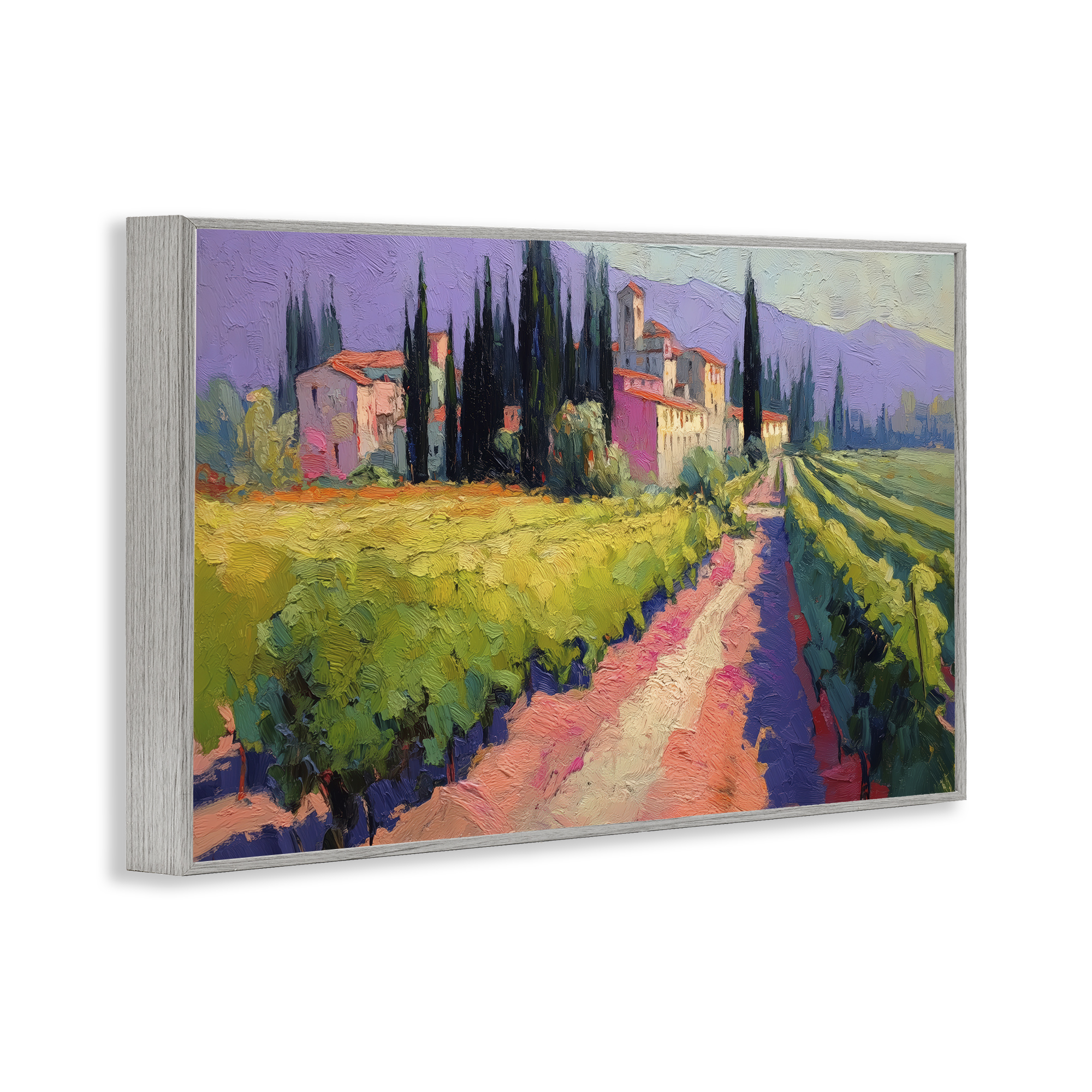 Purple Mountains Village Gray Framed Giclee Art, design by Annabelle Hall