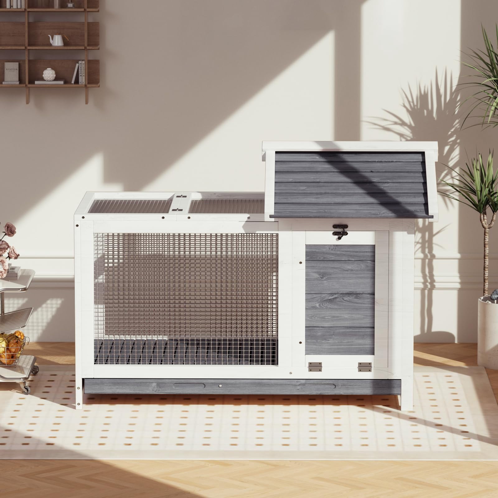 Home Outdoor Wooden Rabbit Hutch, 34'' Indoor Large Rabbit Cage with Nesting Box Chicken Coop Expandable, Weatherproof Bunny Cage with Anti-Chew Metal Frame Ramp for Backyard Small Animals