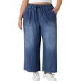 thumbnail image 1 of Pantalones de mezclilla de mujer de talla grande Agnes Orinda con cordón y cintura elástica, pantalones palazzo de pierna ancha con bolsillos 4X negro azul, 1 of 8