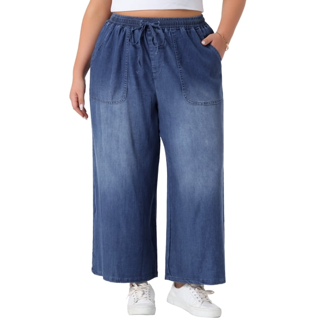 Pantalones de mezclilla de mujer de talla grande Agnes Orinda con cordón y cintura elástica, pantalones palazzo de pierna ancha con bolsillos 4X negro azul