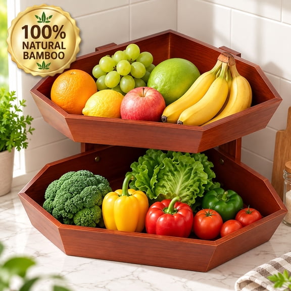 2 Tier Wooden Fruit Basket for Kitchen Counter, Large Capacity Fruit Bowl for Corner, Space Saving Fruit Stand Holder for Bread Fruit and Vegetable Storage Kitchen Countertop Organizer