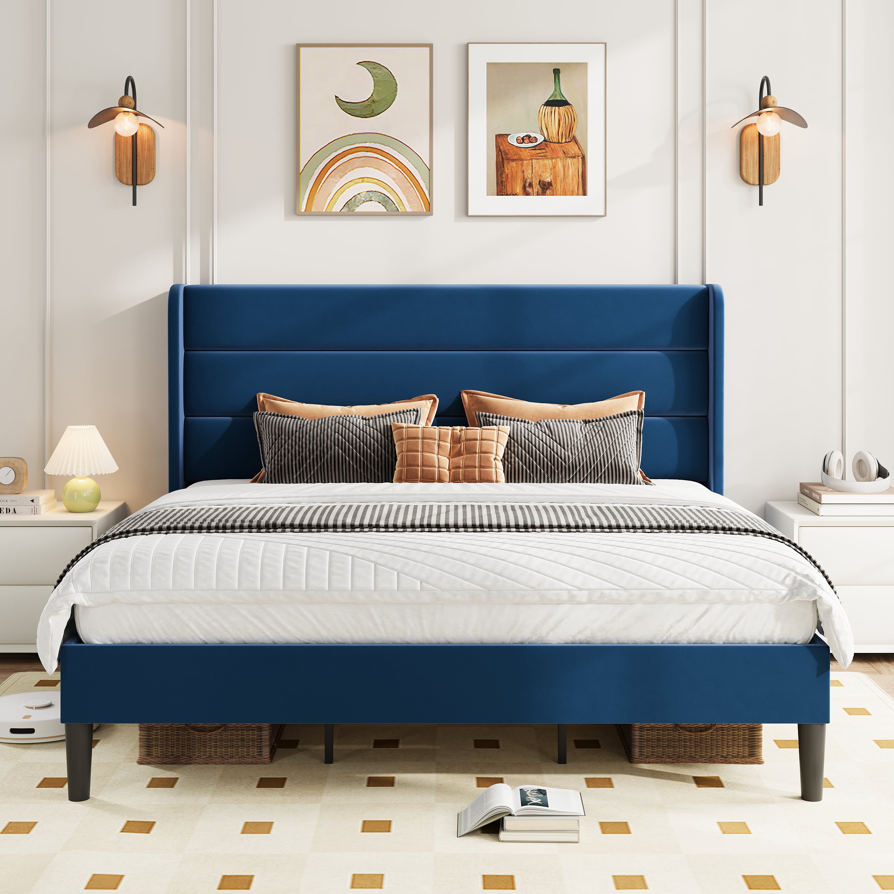 Amolife King Size Platform Bed Frame with Velvet Upholstered Wingback Headboard, No Box Spring Needed, Dark Blue