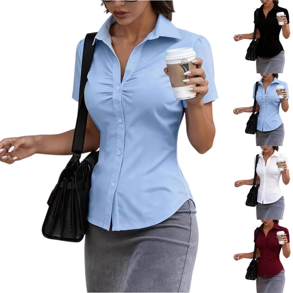 UDAUDU Button Down Shirt for Women Basic Short Sleeve Stretchy Business Collared Shirts Waitress Work Shirt Blue M