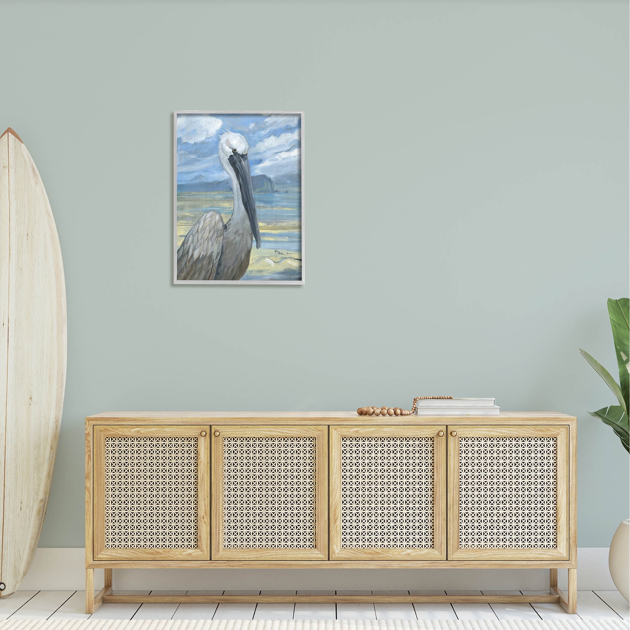 Stupell Industries Salty Pelican Cloudy Coastal beach Painting Gray Framed Art Print Wall Art, Design by Paul Brent