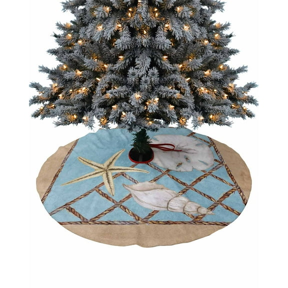 Coastal Christmas Tree Skirt 36 Inches Large Christmas Skirt Tree, Beige Blue Summer Beach Nautical Starfish Tree Skirt Christmas Decorations for Fireplace Party Holidays Indoor Outdoor