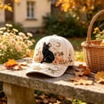 thumbnail image 3 of HOZVOMI Halloween Embroidered Baseball Cap for Women, Vintage Black Cat Pumpkin Moon Floral Hat with Pearl Details, Cream Adjustable Fall Seasonal Fashion Accessory, 3 of 6