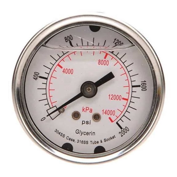 Commercial Pressure Gauge, 0 to 2,000 psi, 2 in Dial, 1/4 in NPT, Center Back Location