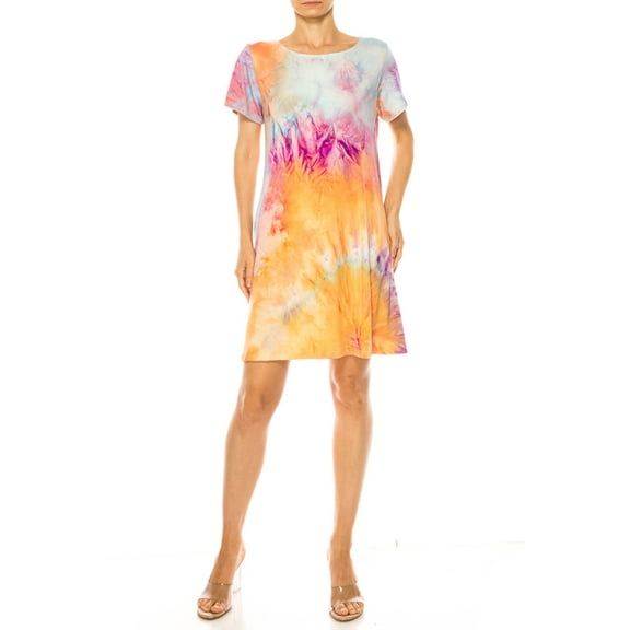Women's Printed Short Sleeve Dress with Round Neckline and Side Pockets