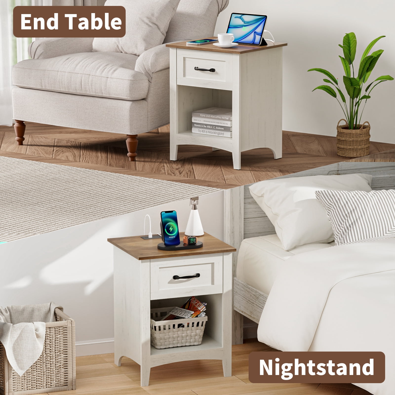 Hommpa End Table With Charging Station For Living Room, Farmhouse Side Table with Drawer, Nightstand Bedside Table with Storage Shelves For Bedroom, Rustic White