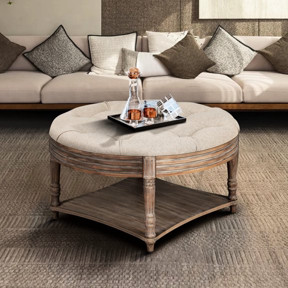 Button Tufted Linen Ottoman - Durable and Stylish for Living Rooms